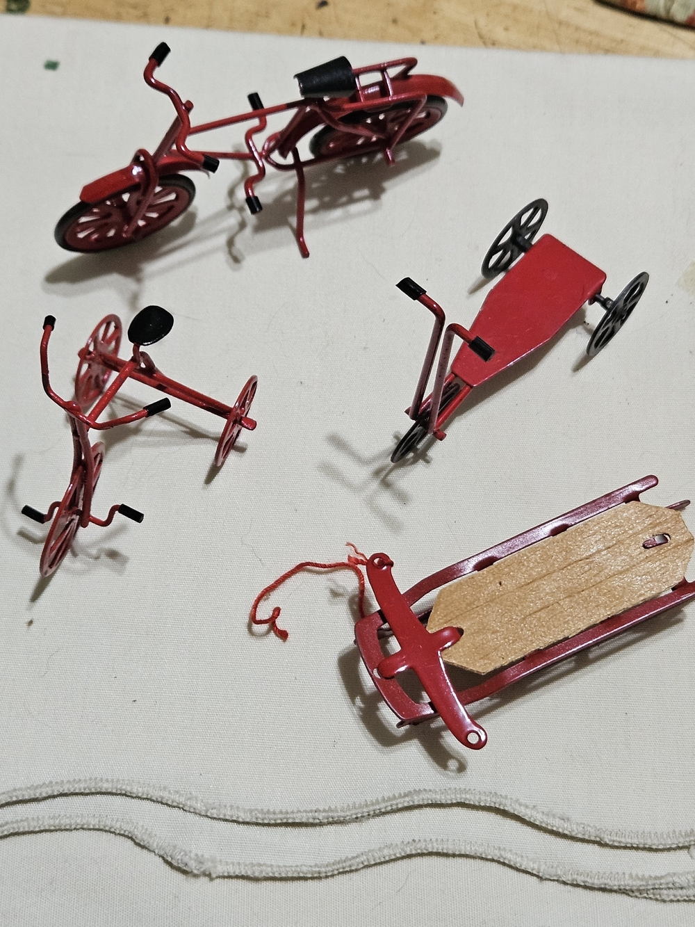 Vintage Miniature Dollhouse Accessories Red Metal Bicycle Tricycle Scooter Sled